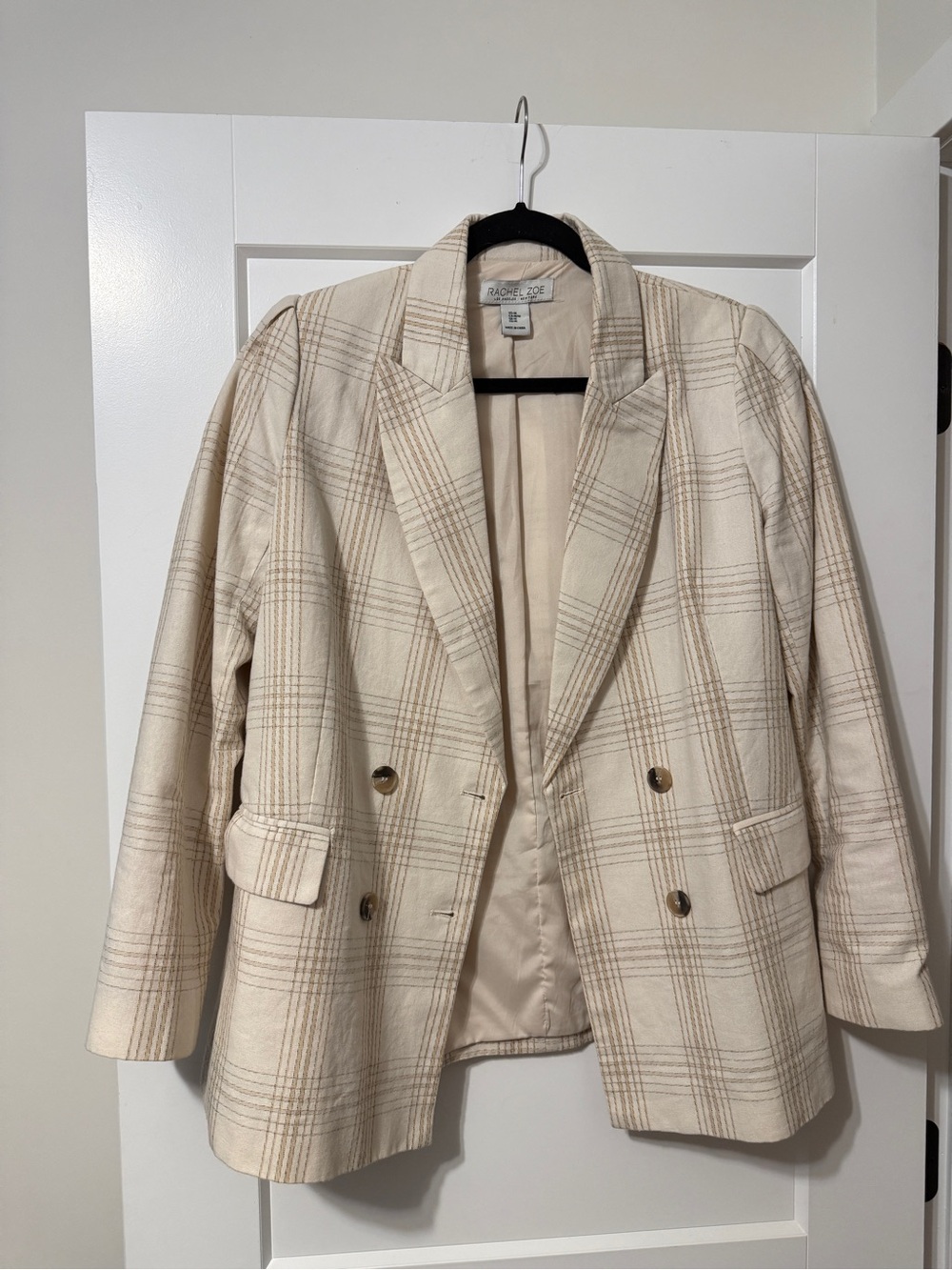 Rachel Zoe Beige and Cream Plaid Double-Breasted Blazer